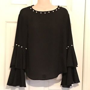 SHEIN pearl embellished tiered trumpet sleeve blouse